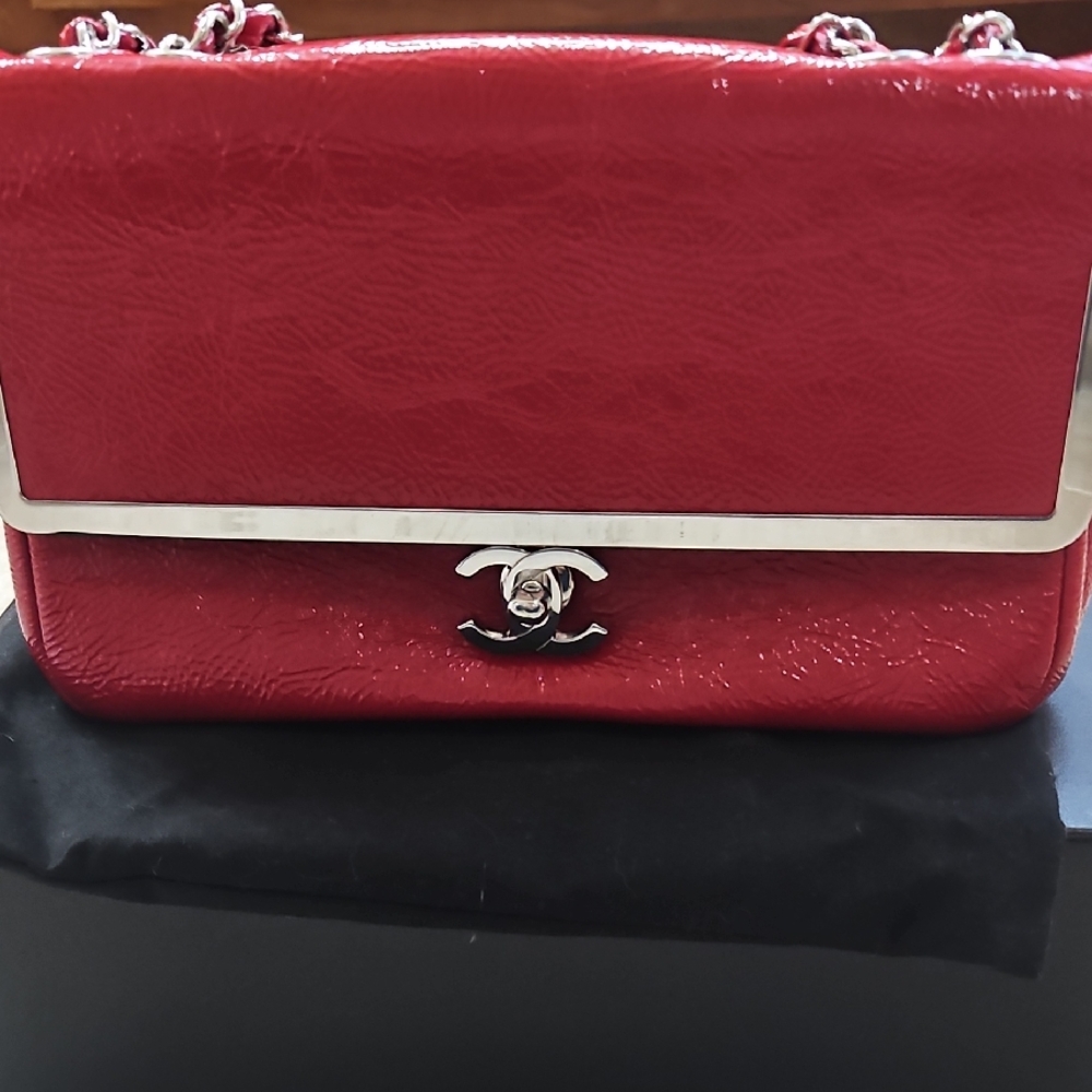 CHANEL Red Leather Shoulder Bag with Silver Accents 100% Authentic Very Rare